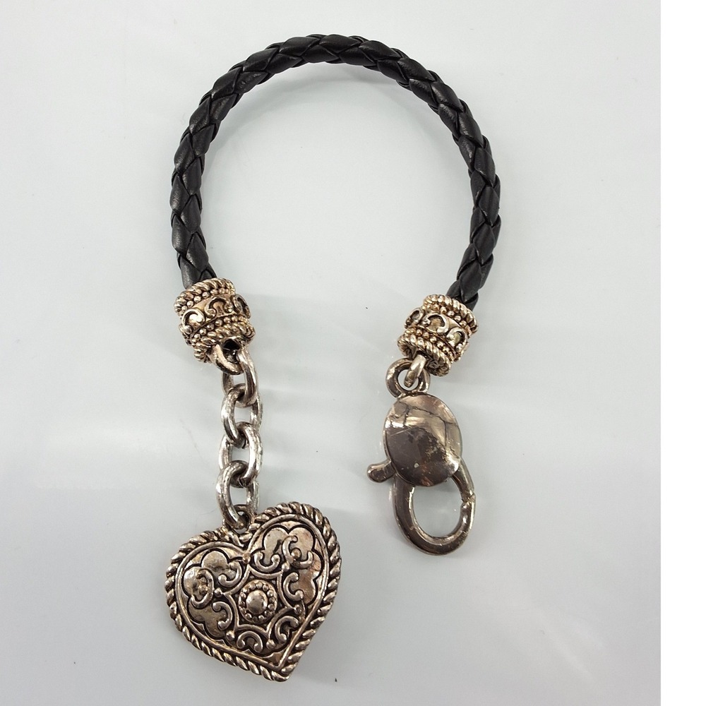 Brighton Black Braided Leather Heart Charm Bracelet Silver Tone Scrollwork
